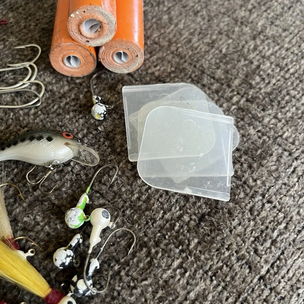 Plano Tackle Box Lot with Rebel Lure Bucktail Jigs Hooks Swivels and Hand Reel